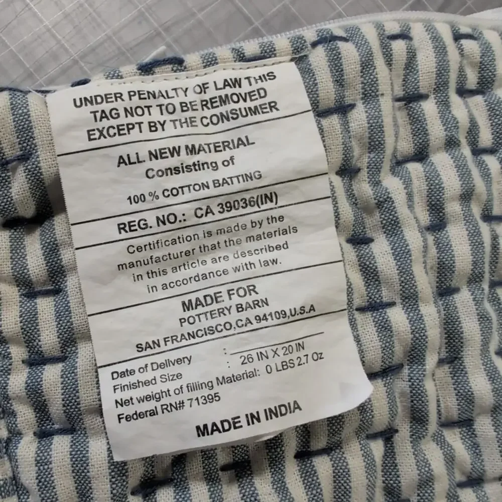Pottery Barn Pick-Stich Striped Quilted Pillow Sham Linen-Cotton Standard